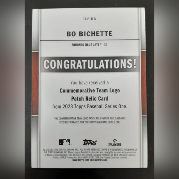 2023 Topps Series 1 Bo Bichette Commemorative Team Logo Patch Relic Card #TLP-BB - Picture 2 of 2